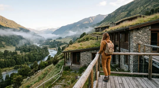 Voyageuse responsable contemplant un éco-lodge certifié niché dans un paysage naturel préservé, symbole de confiance et de tourisme durable